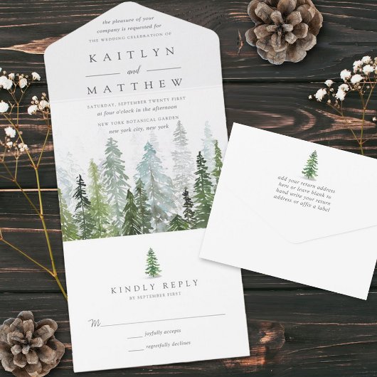 Het Waterverf Pine Tree Forest Wedding Collectie All In One Uitnodiging