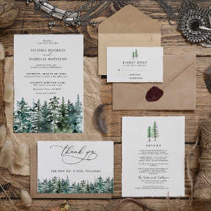 Het Waterverf Pine Tree Forest Wedding Collectie Informatiekaartje