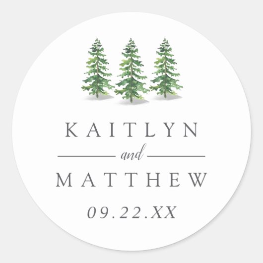 Het Waterverf Pine Tree Forest Wedding Collectie Ronde Sticker (Voorkant)