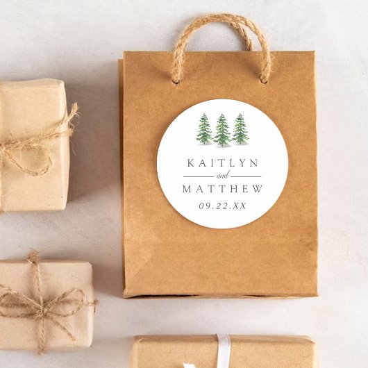 Het Waterverf Pine Tree Forest Wedding Collectie Ronde Sticker