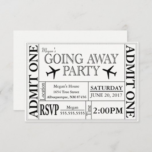 Het weggaan van de Uitnodiging van het Ticket van (Voorkant / Achterkant)