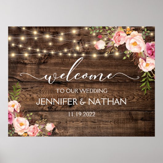 Het welkomstteken van Rustic String Lights Wedding Poster (Voorkant)