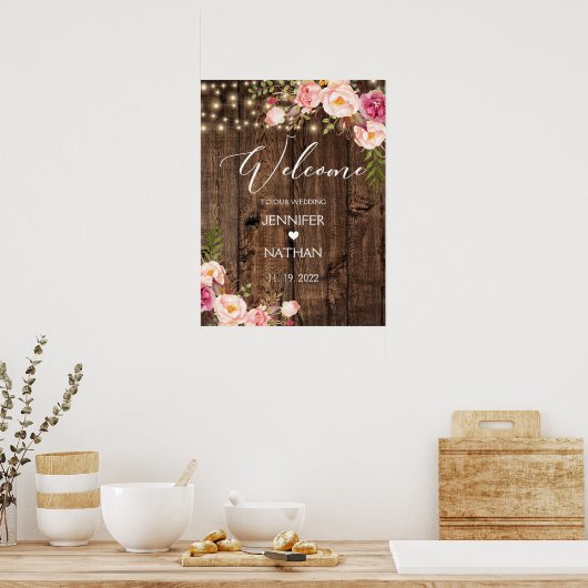 Het welkomstteken van Rustic String Lights Wedding Poster (Keuken)