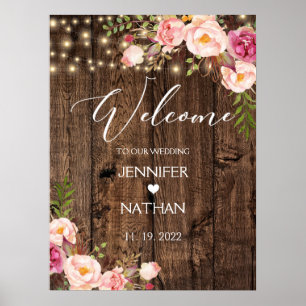 Het welkomstteken van Rustic String Lights Wedding Poster