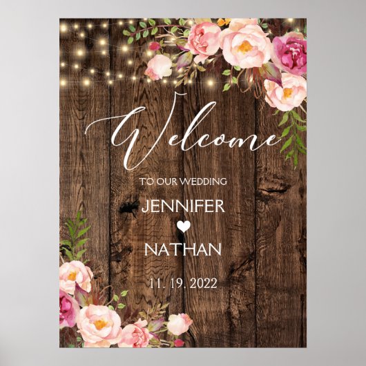 Het welkomstteken van Rustic String Lights Wedding Poster (Voorkant)