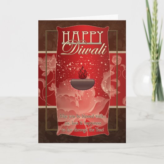 Het Wenskaart van Diwali met Lamp en het Rood van Kaart (Voorkant)