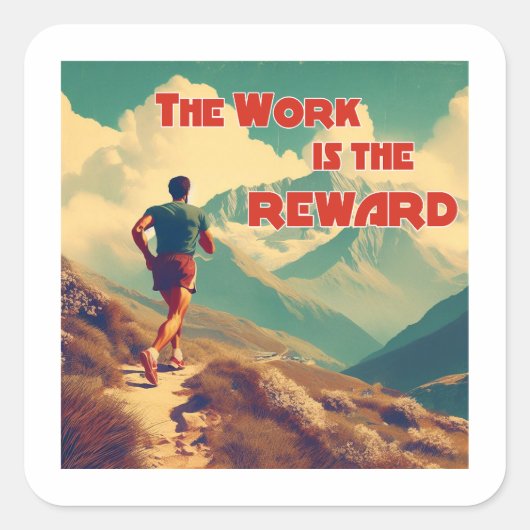 Het werk is de Reward Runner Mountains Vierkante Sticker (Voorkant)