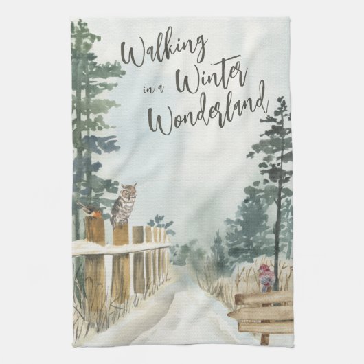 Het winterlandschap loopt in een winterland theedoek (Verticaal)