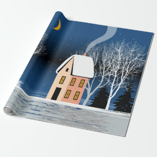 Het winternachtlandschap. Cozy house, diverse bome Cadeaupapier