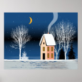 Het winternachtlandschap. Cozy house, diverse bome Poster (Voorkant)
