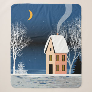 Het winternachtlandschap. Cozy house, diverse bome Sherpa Deken