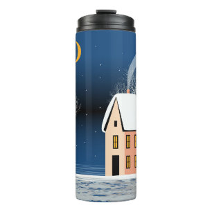 Het winternachtlandschap. Cozy house, diverse bome Thermosbeker