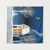 Het winternachtlandschap. Cozy house, diverse bome Wandkleed (Voorkant (horizontaal))