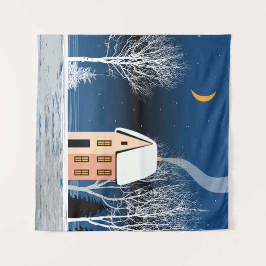 Het winternachtlandschap. Cozy house, diverse bome Wandkleed (Voorkant (horizontaal))