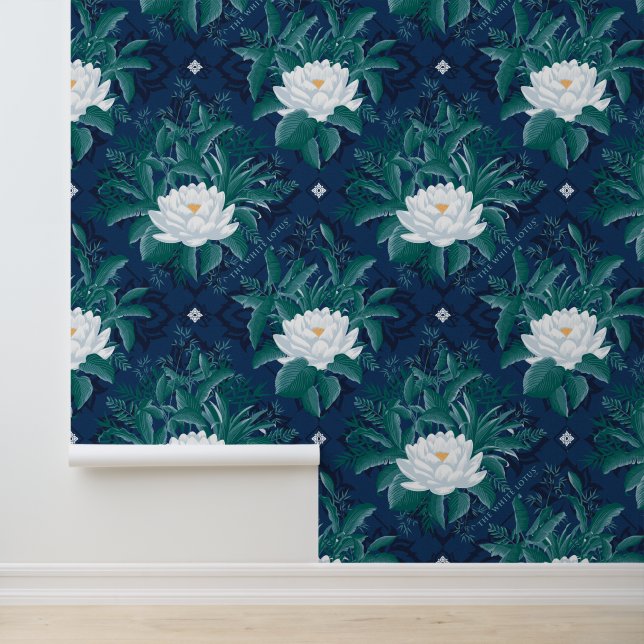 Het witte Lotus Midnight Lotus patroon Behang (Applicatie)