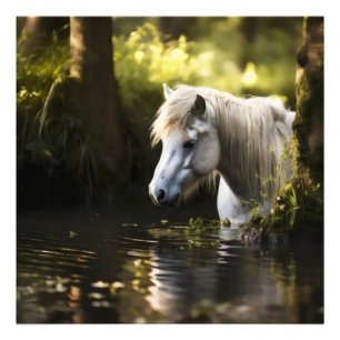 Het witte paard in de vijver foto afdruk