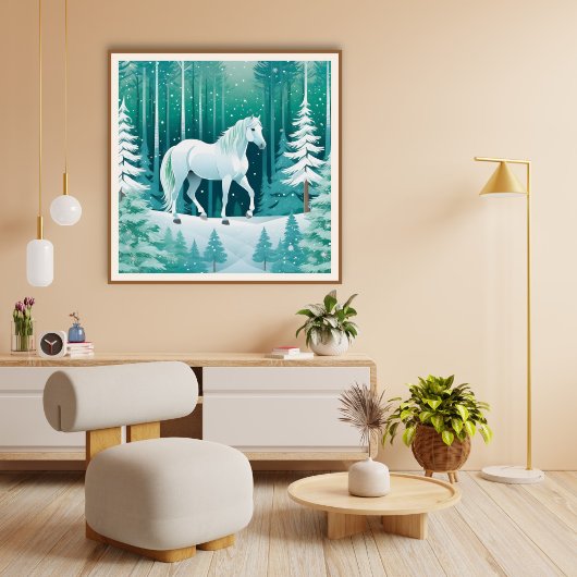 Het witte paard in het groene bos poster