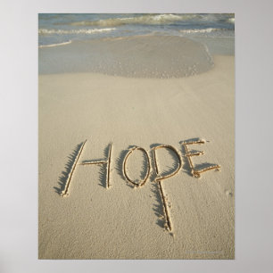 Het woord 'Hope' zand geschreven op het strand met Poster