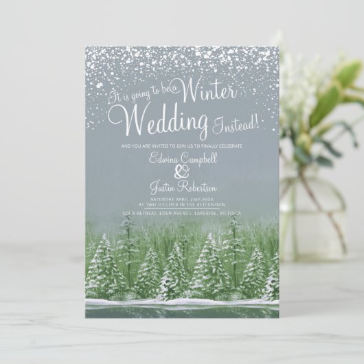 Het wordt een winterbruiloft sneeuwmeer grijs groe kaart (Staand voorkant)