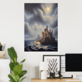 Het zee een rots en een kasteel | AI Art. Poster (Thuiskantoor)