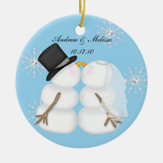 Het zoenen Snowmen trouwde met onze eerste kerstsn Keramisch Ornament