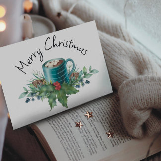 Hete Chocolade met Holly en Winter Green Flat Feestdagenkaart