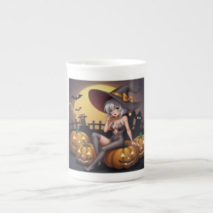 Hete Heks in Halloween Pompoenenveld Porselein Kop