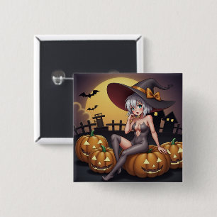 Hete Heks in Halloween Pompoenenveld Vierkante Button 5,1 Cm