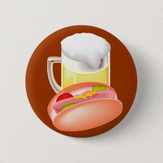 Hete hond op een bun en bier met alle fixin's ronde button 5,7 cm