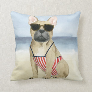 Hete Hond Puppy Met Zonnebril Op Het Strand Kussen