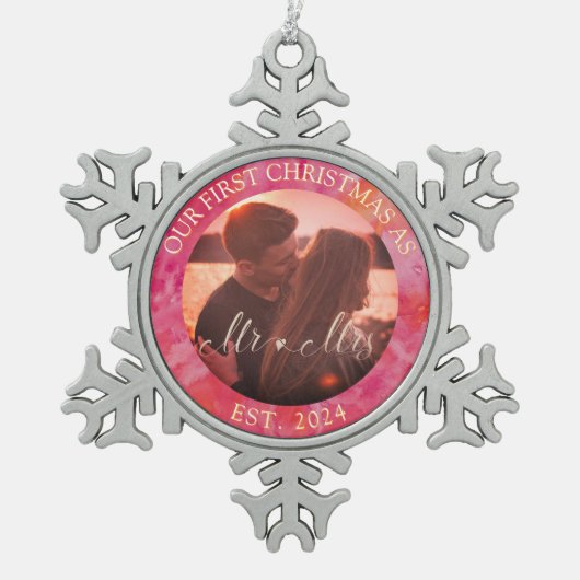 Hete kleur eerste kerst meneer en mevrouw. tin sneeuwvlok ornament (Voorkant)