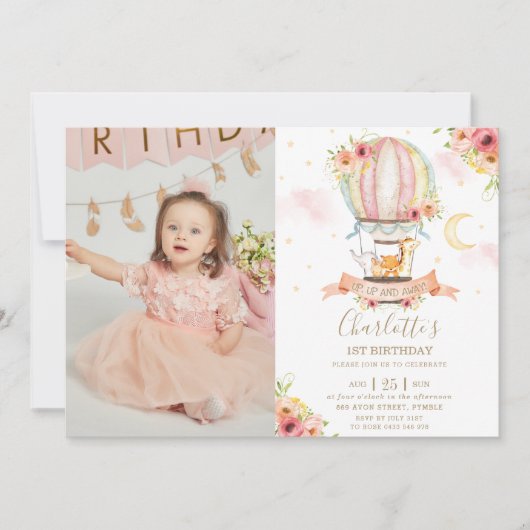 Hete Luchtballon 1e Verjaardag Oerwoud Dieren Foto Kaart (Voorkant)