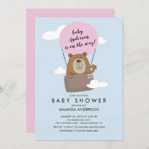 Hete Luchtballon Beer Meisjes Baby shower Uitnodig Kaart