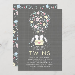 Hete Luchtballon Bunny TWINS Baby shower Invitatio Kaart