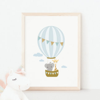 Hete Luchtballon Giraffe & Olifant Kwekerij Poster