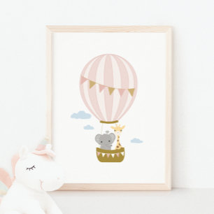 Hete Luchtballon Giraffe & Olifant Kwekerij Poster