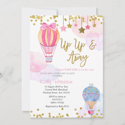 Hete Luchtballon Glitter Star Girl Baby shower Kaart (Voorkant)