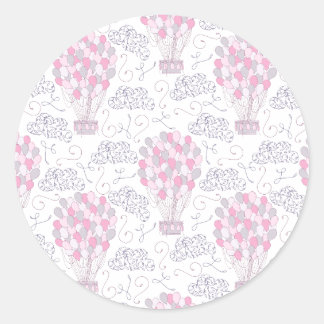 Hete luchtballon met partijballonnen in roze ronde sticker