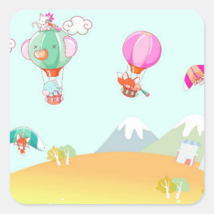 Hete luchtballon op pastel kleurenachtergrond. vierkante sticker