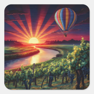 Hete Luchtballon over rivier en wijngaard Vierkante Sticker