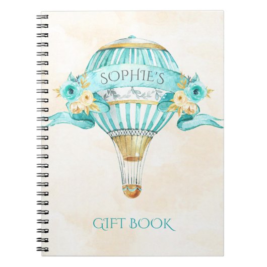 Hete Luchtballon Turquoise Gouden Gele Rozen Gift Notitieboek (Voorkant)