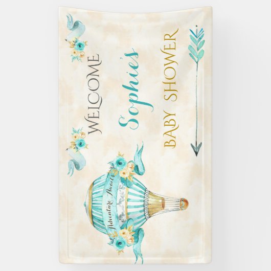 Hete Luchtballon Turquoise Gouden Pijlen Rozen Spandoek (Verticaal)