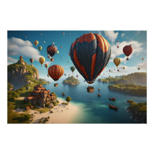 Hete luchtballonnen die over eiland vliegen perfect poster