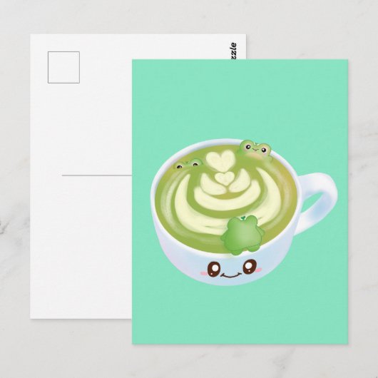 Hete Matcha groene thee latte met schattige kikker Briefkaart (Voorkant / Achterkant)