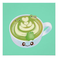 Hete Matcha groene thee latte met schattige kikker