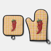 Hete Pepper Diva Tekening Custom Plaid Ovenwant & Pannenlap Set (Voorkant)