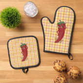 Hete Pepper Diva Tekening Custom Plaid Ovenwant & Pannenlap Set (Top down)