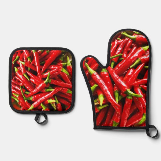 Hete Peppers Oven Mitt en Pothouders Ovenwant & Pannenlap Set (Voorkant)