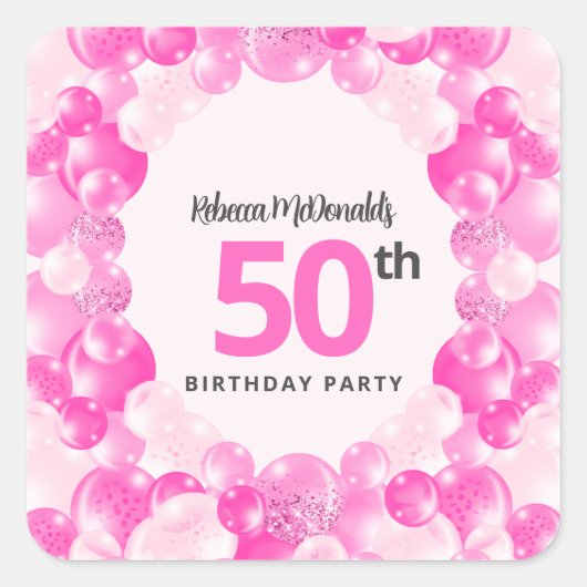 Hete Roze Ballonnen Faux Glitter 50ste Verjaardags Vierkante Sticker (Voorkant)