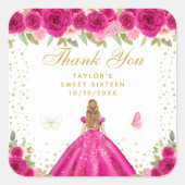 Hete Roze Bloemen Blond Haar Prinses Sweet Sixteen Vierkante Sticker (Voorkant)